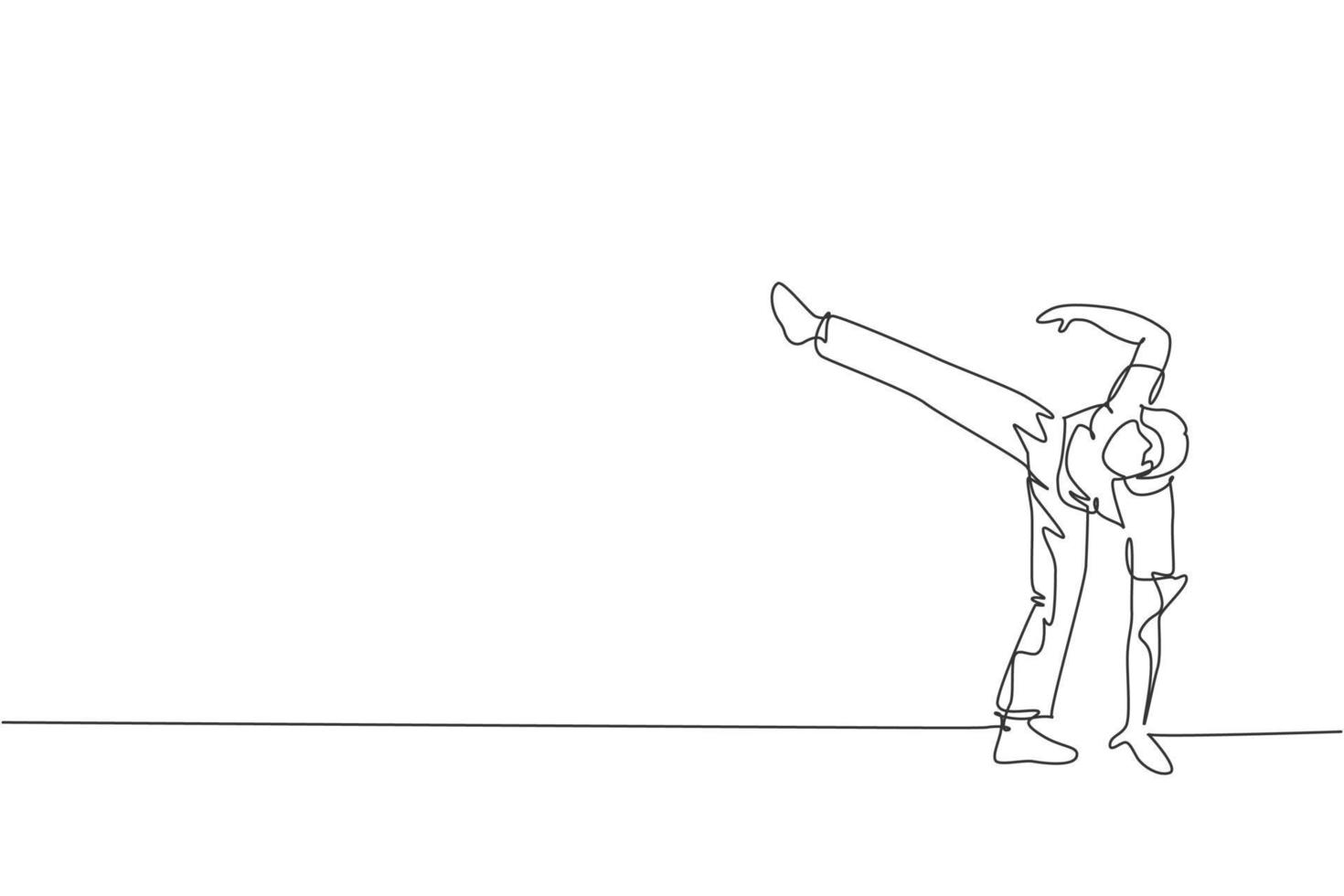 One continuous line drawing capoeira young sporty Brazilian fighter man training capoeira on beach. Healthy traditional fighting sport concept. Dynamic single line draw design vector illustration