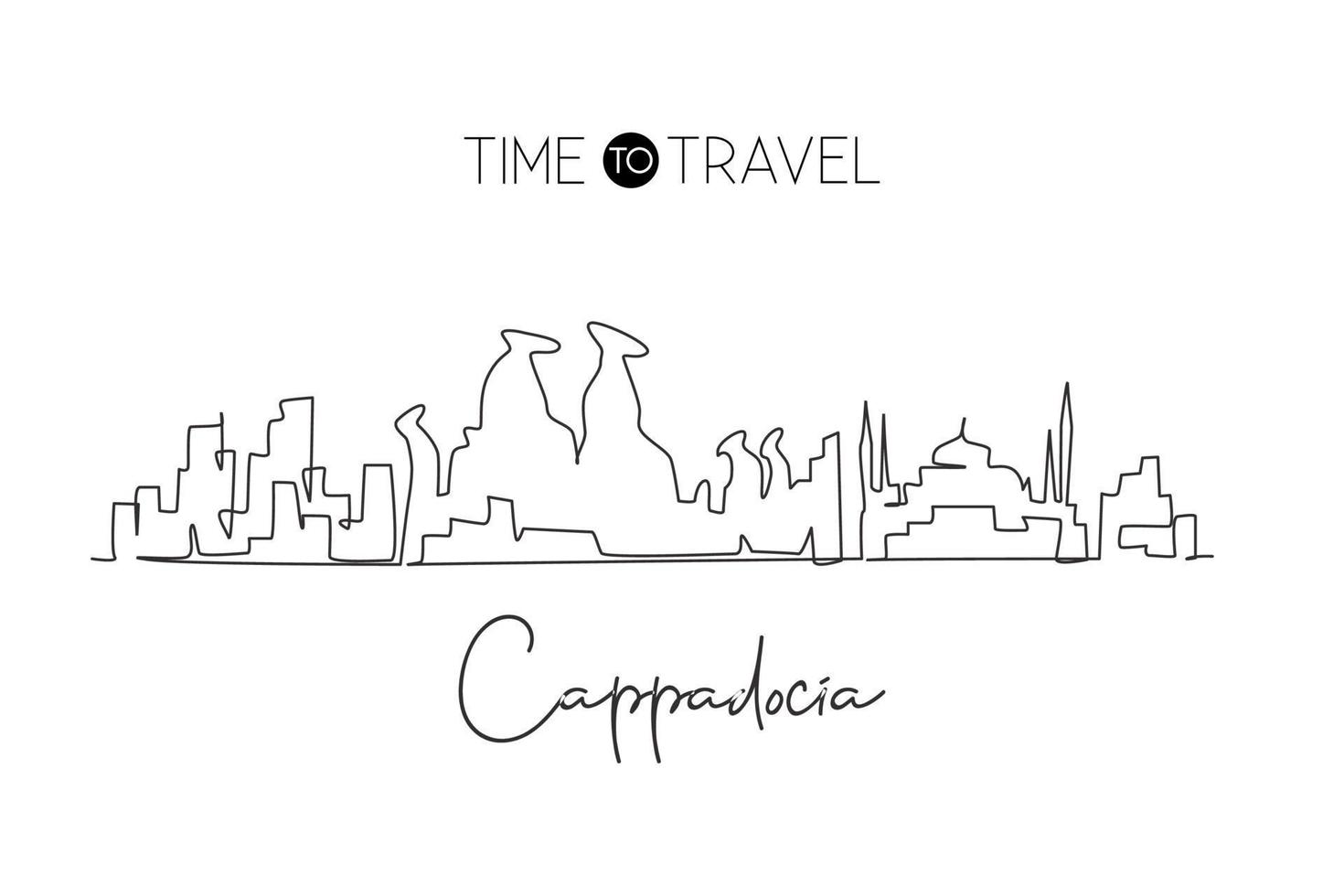 Continuous one line drawing Cappadocia city skyline, Turkey. Beautiful landmark artwork. World landscape tourism travel wall decor poster print art. Stylish single line draw design vector illustration