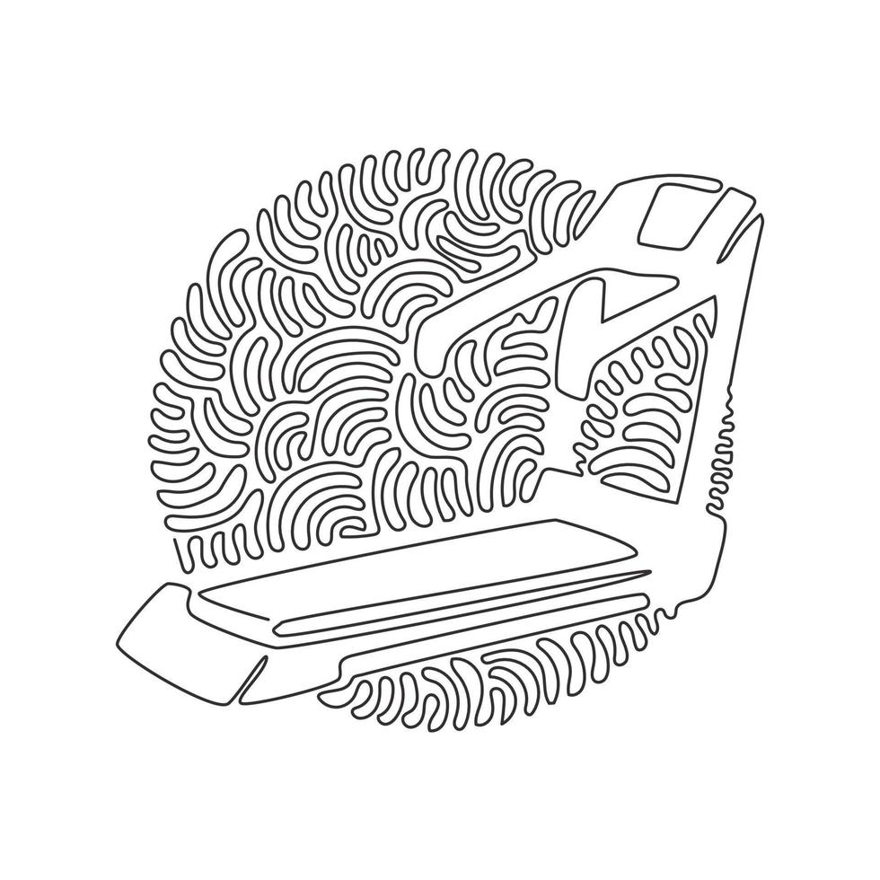 Single one line drawing professional treadmill with incline. Professional gym equipment, running treadmill. Swirl curl circle background style. Continuous line draw design graphic vector illustration