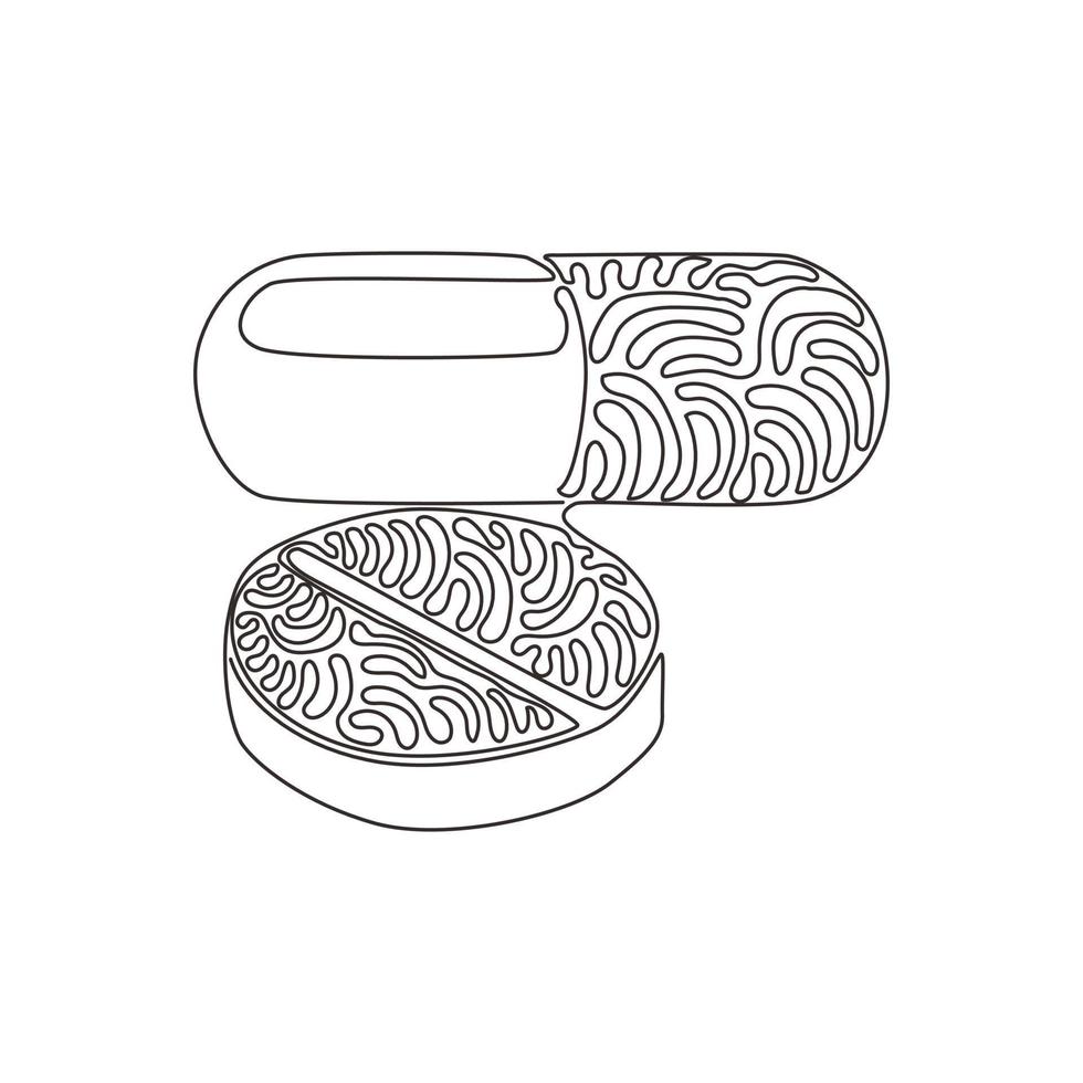 Single continuous line drawing medical pill and tablet icon. Medicine pills or tablets, capsules. Drugs and pills symbol. Swirl curl style. Dynamic one line draw graphic design vector illustration