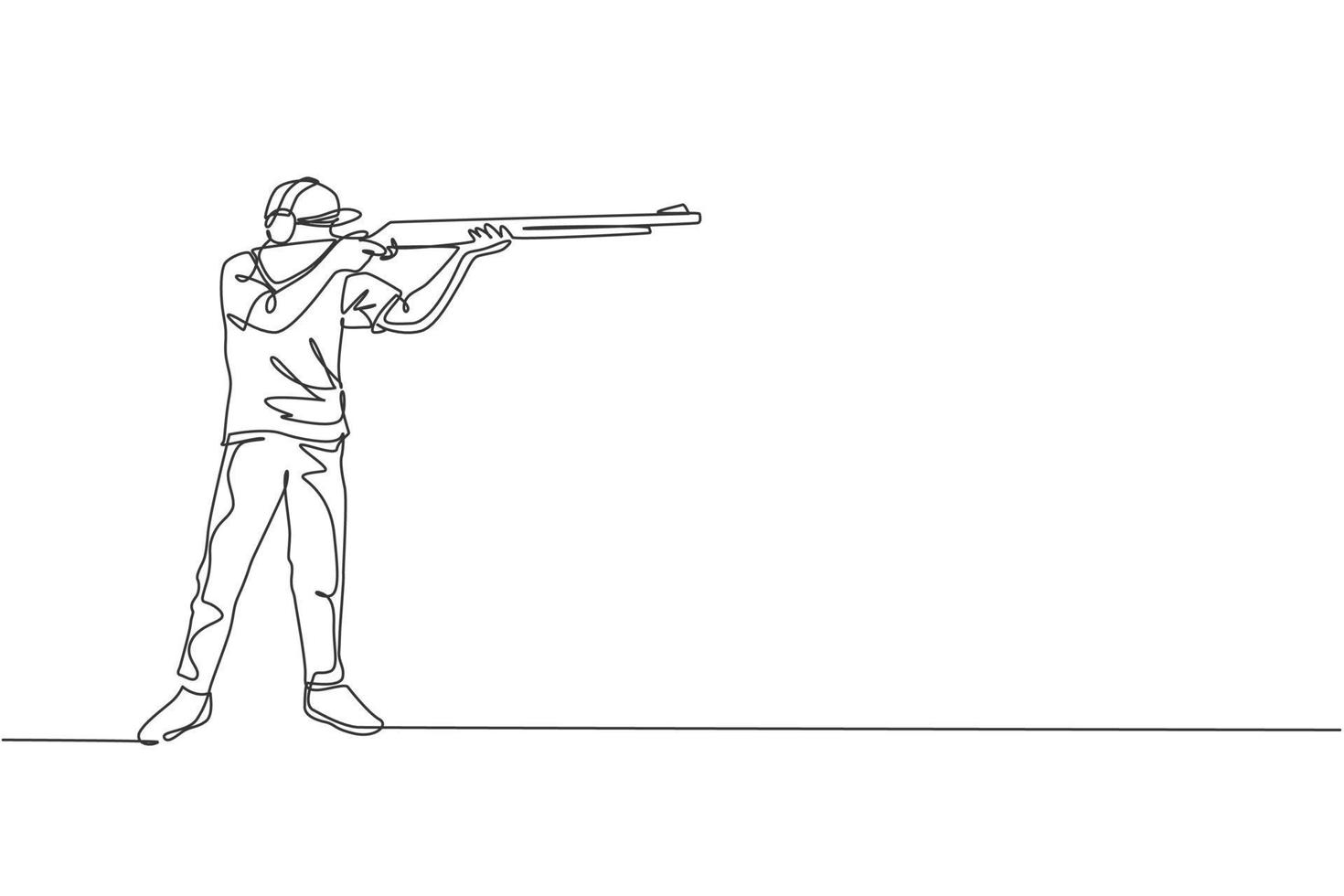 One continuous line drawing of young man on shooting training ground practice for competition with rifle shotgun. Outdoor shooting sport concept. Dynamic single line draw design vector illustration