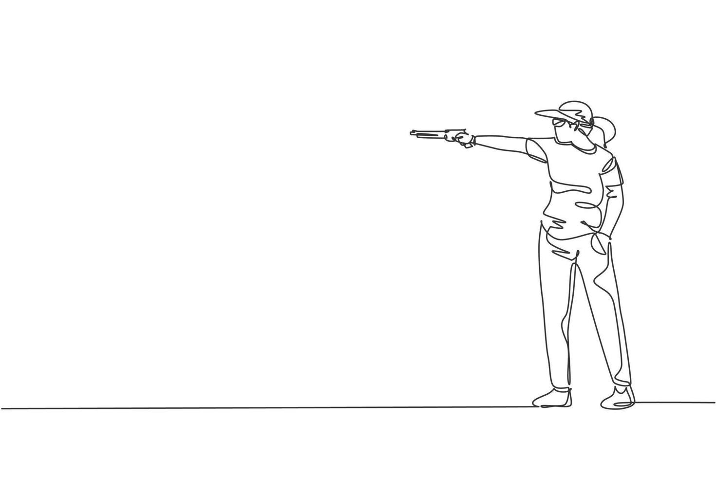 Single continuous line drawing of young athlete woman shooter holding gun and training to aim target tactical shooting. Shooting sport training concept. Trendy one line draw design vector illustration