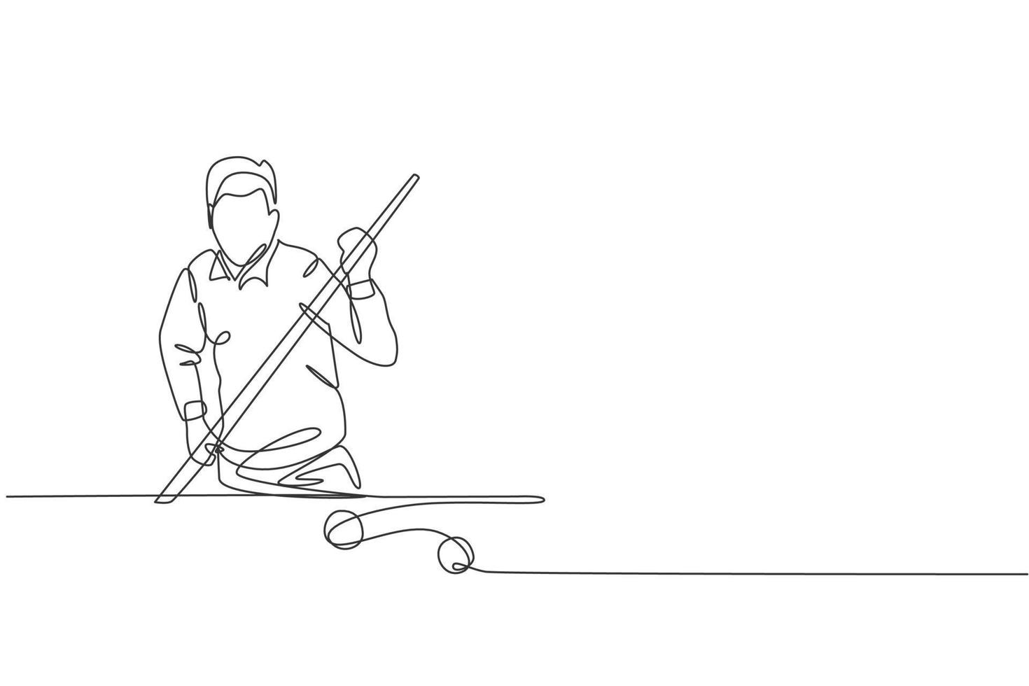 One single line drawing of young handsome man playing pool billiards at billiard room vector graphic illustration. Indoor sport recreational game concept. Modern continuous line draw design