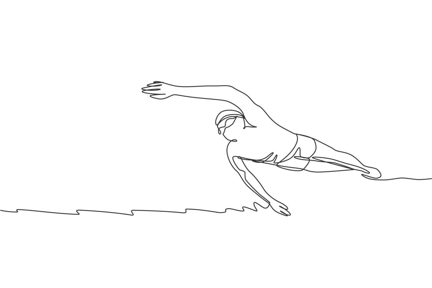 un dibujo de línea continua de un joven nadador profesional musculoso nadando en un centro deportivo. concepto de ejercicio cardiovascular de deporte saludable y fitness. Ilustración de vector de diseño de dibujo de línea única dinámica