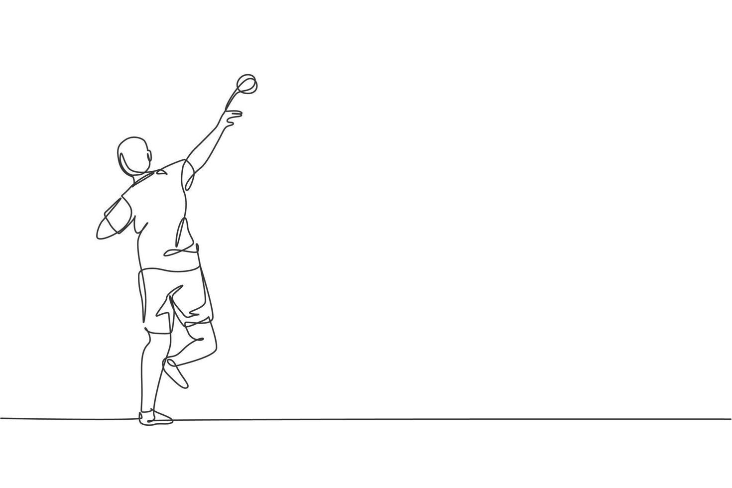 Single continuous line drawing of young sportive man practice to throw shot put powerfully on the court stadium. Athletic games sport concept. Trendy one line draw design graphic vector illustration