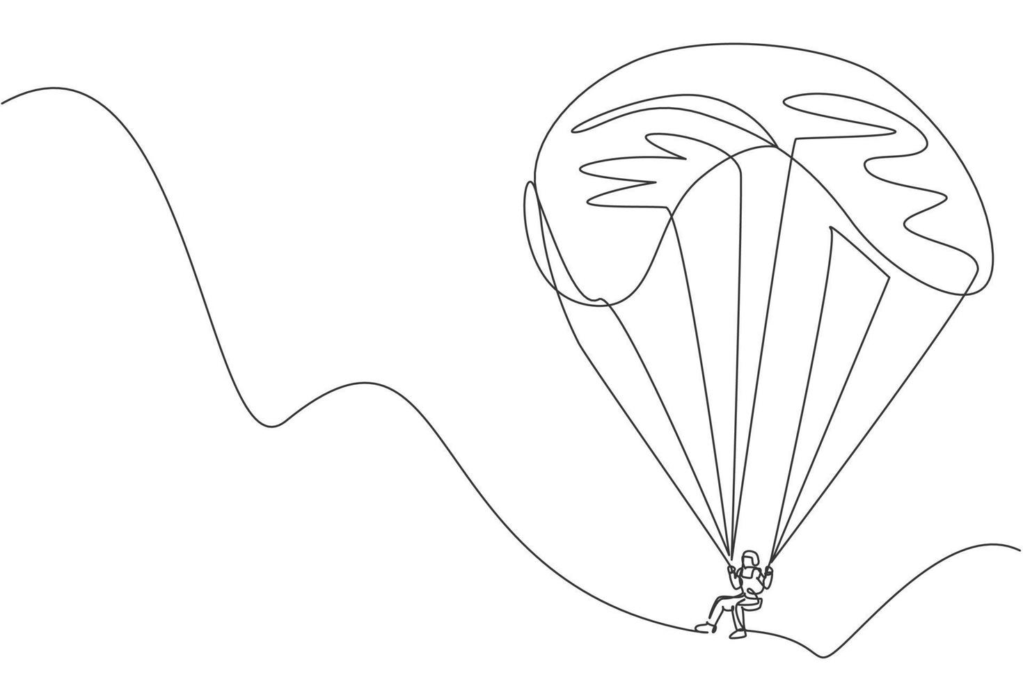 One single line drawing of young sporty man flying with paragliding parachute on the sky graphic vector illustration. Extreme sport concept. Modern continuous line draw design