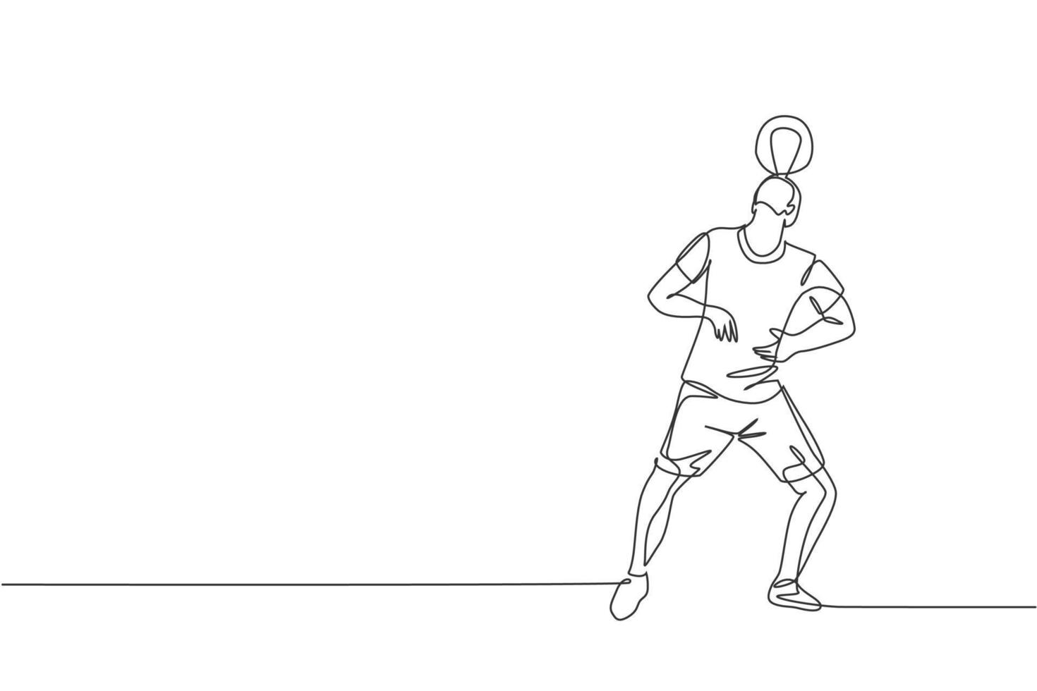 One single line drawing of young happy man perform soccer freestyle, keep the ball on head at the city square vector illustration. Football freestyler sport concept. Modern continuous line draw design