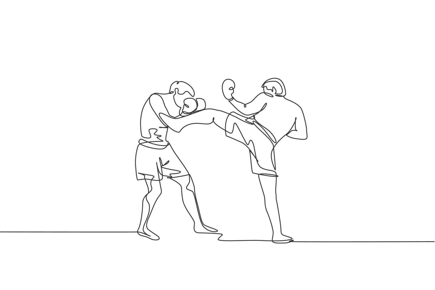 Single continuous line drawing of young sportive man kickboxer fight in sport arena for local championship title. Fight competition kickboxing sport concept. One line draw design vector illustration