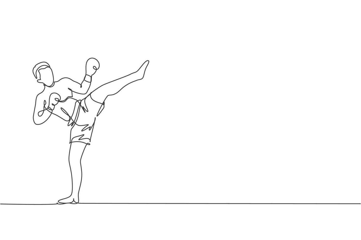 One single line drawing of young energetic man kickboxer practice high kick stance in boxing arena graphic vector illustration. Healthy lifestyle sport concept. Modern continuous line draw design