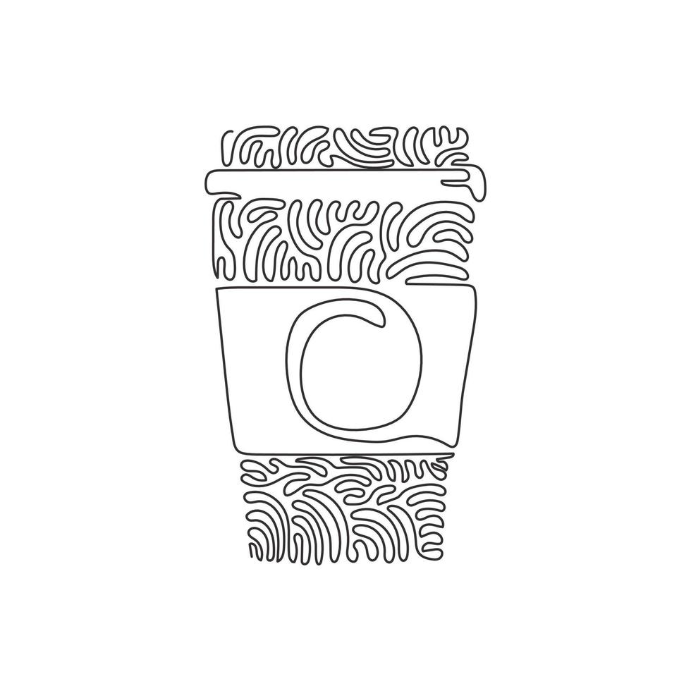 Single one line drawing hot coffee paper cup. Cold chocolate milk to crave for refreshing feeling. Swirl curl circle background style. Modern continuous line draw design graphic vector illustration