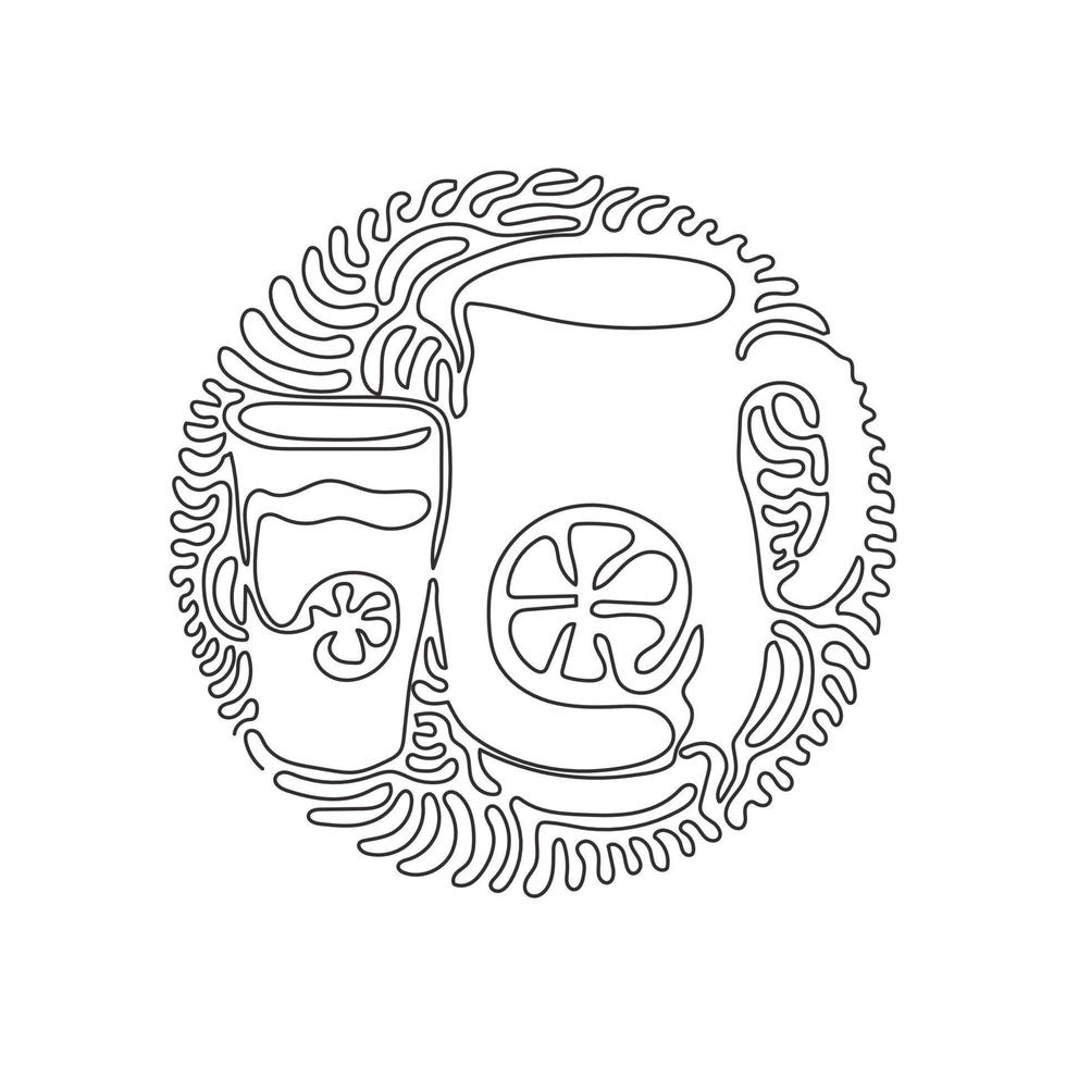 Single one line drawing lemonade in jug and glass. Glass and pitcher with lemons and ice cubes. Swirl curl circle background style. Modern continuous line draw design graphic vector illustration