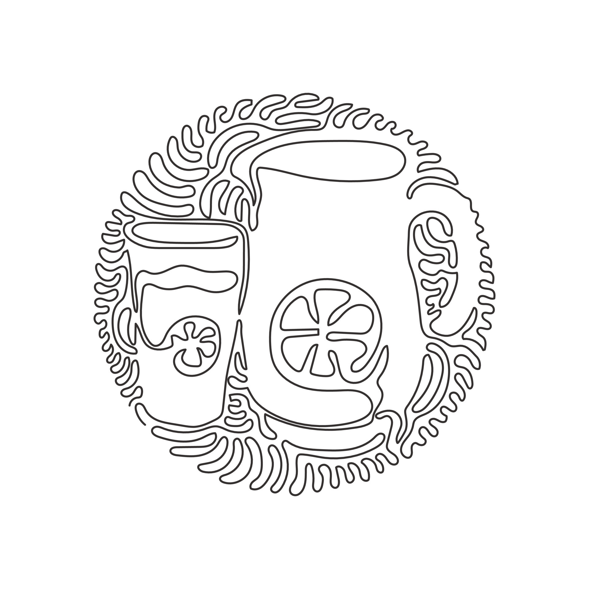 Single one line drawing lemonade in jug and glass. Glass and pitcher