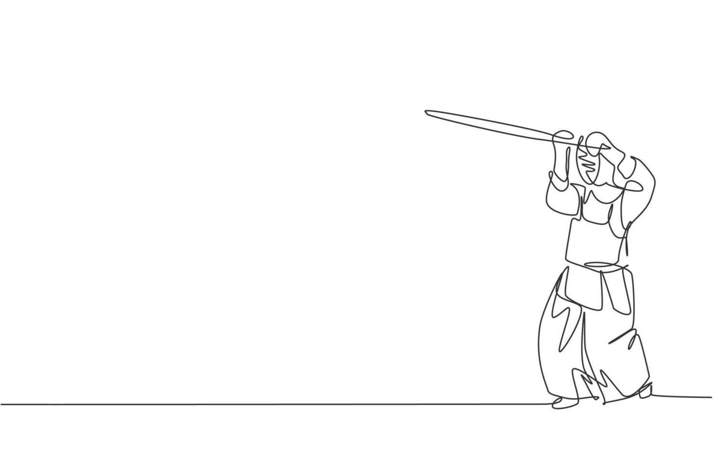 un dibujo de línea continua de un joven deportista entrenando habilidades de defensa de kendo en el centro de dojo. concepto de deporte de arte marcial de lucha saludable. Ilustración gráfica de vector de diseño de dibujo de línea única dinámica