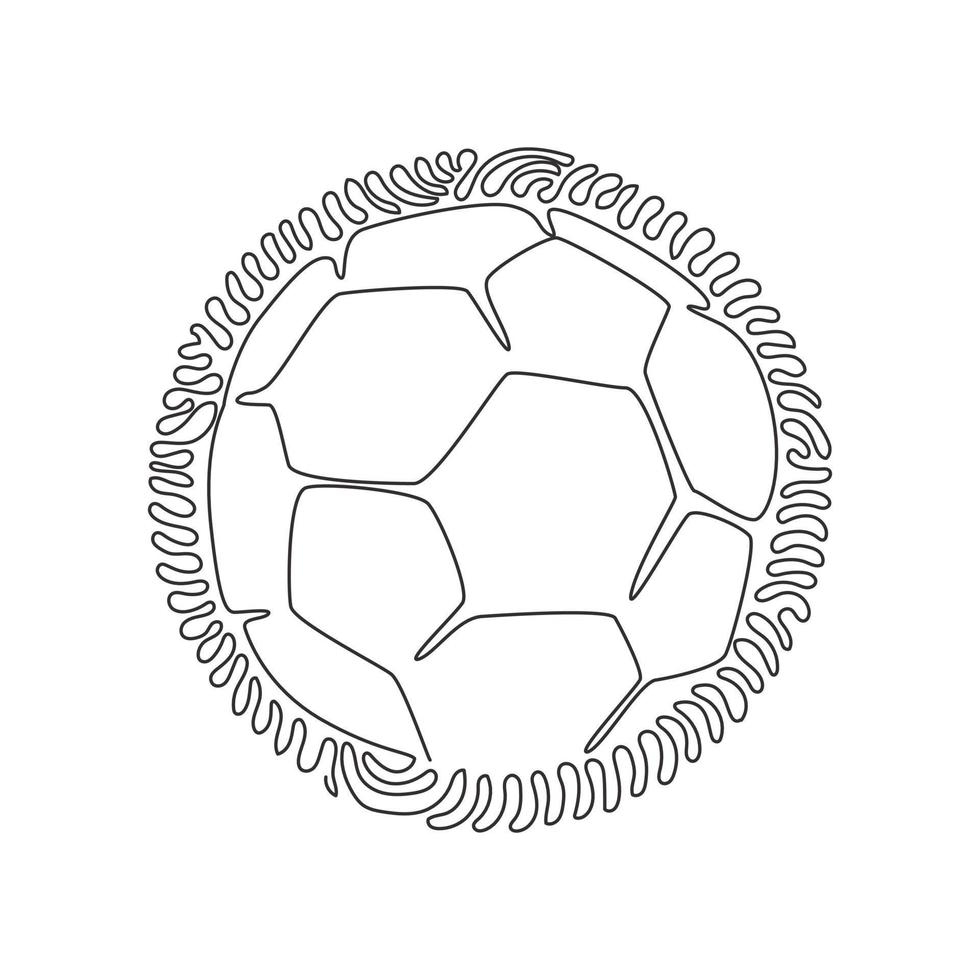 una sola línea continua dibujando un balón de fútbol blanco para la recreación del juego de fútbol. pelota de fútbol. equipo deportivo en torneo. estilo de fondo de círculo de rizo de remolino. vector de diseño gráfico de dibujo dinámico de una línea