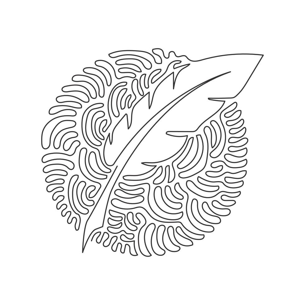 Single one line drawing vintage Feather quill pen logo with black ink stroke, scratch icon, classic stationery illustration. Swirl curl circle background style. Continuous line draw design graphic vector