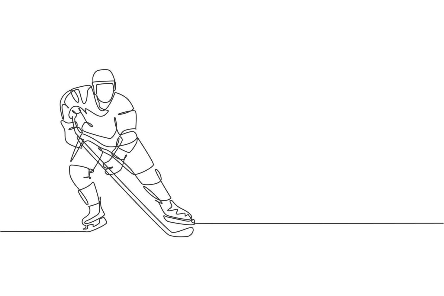 un dibujo de línea continua de un joven jugador profesional de hockey sobre hielo haciendo ejercicio y practicando en un estadio de pista de hielo. concepto de deporte extremo saludable. Ilustración de vector de diseño de dibujo de línea única dinámica