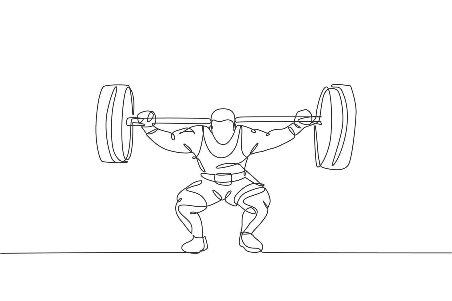 Single continuous line drawing of young strong weightlifter man preparing for barbell workout in gym. Weight lifting training concept. Trendy one line draw graphic design vector illustration