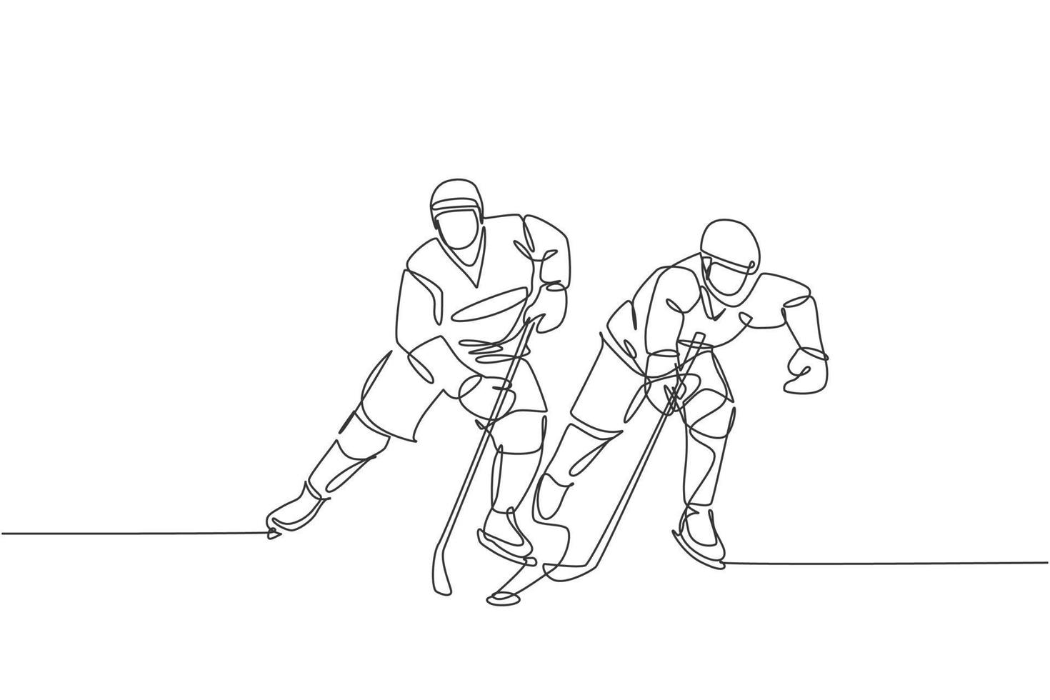 una línea continua dibujando a dos jóvenes jugadores profesionales de hockey sobre hielo haciendo ejercicio juntos en el estadio de pista de hielo. concepto de deporte extremo saludable. Ilustración de vector de diseño gráfico de dibujo de línea única dinámica