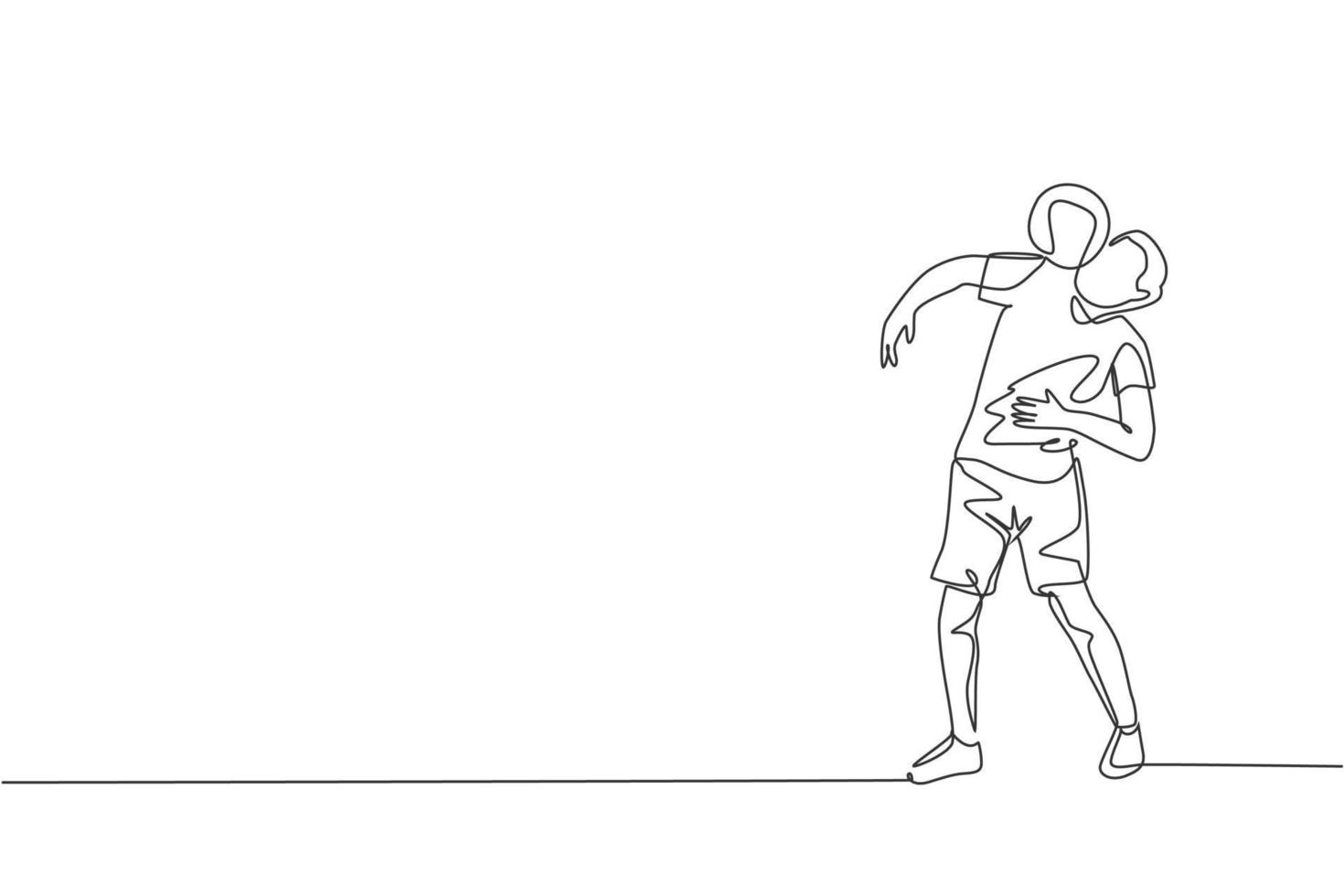 Single continuous line drawing young sportive man train soccer freestyle, hold the ball with shoulder on the field. Football freestyler concept. Trendy one line draw design vector graphic illustration