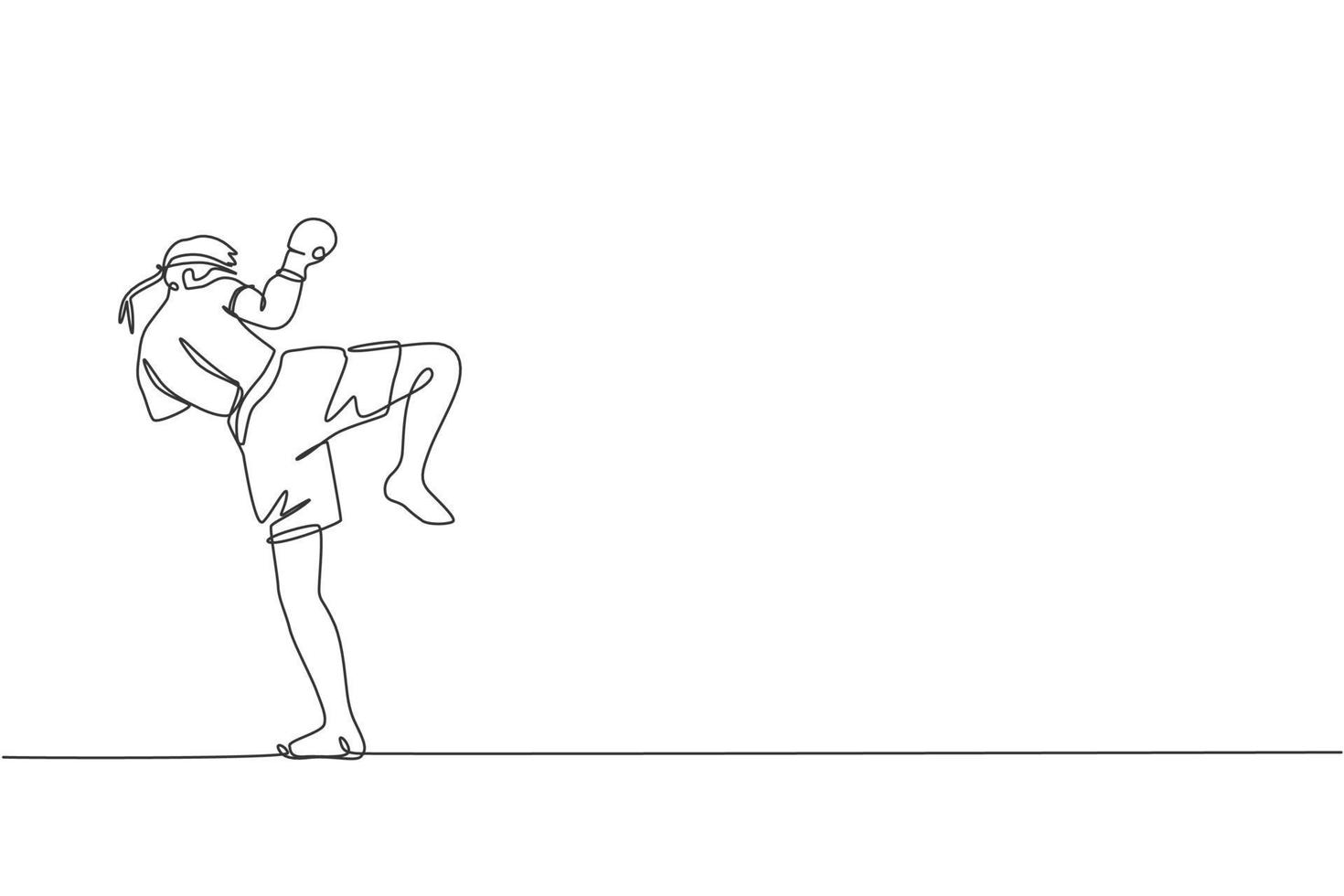 Single continuous line drawing young sportive man training thai boxing at gym club center. Combative muay thai sport concept. Competition event. Trendy one line draw design graphic vector illustration
