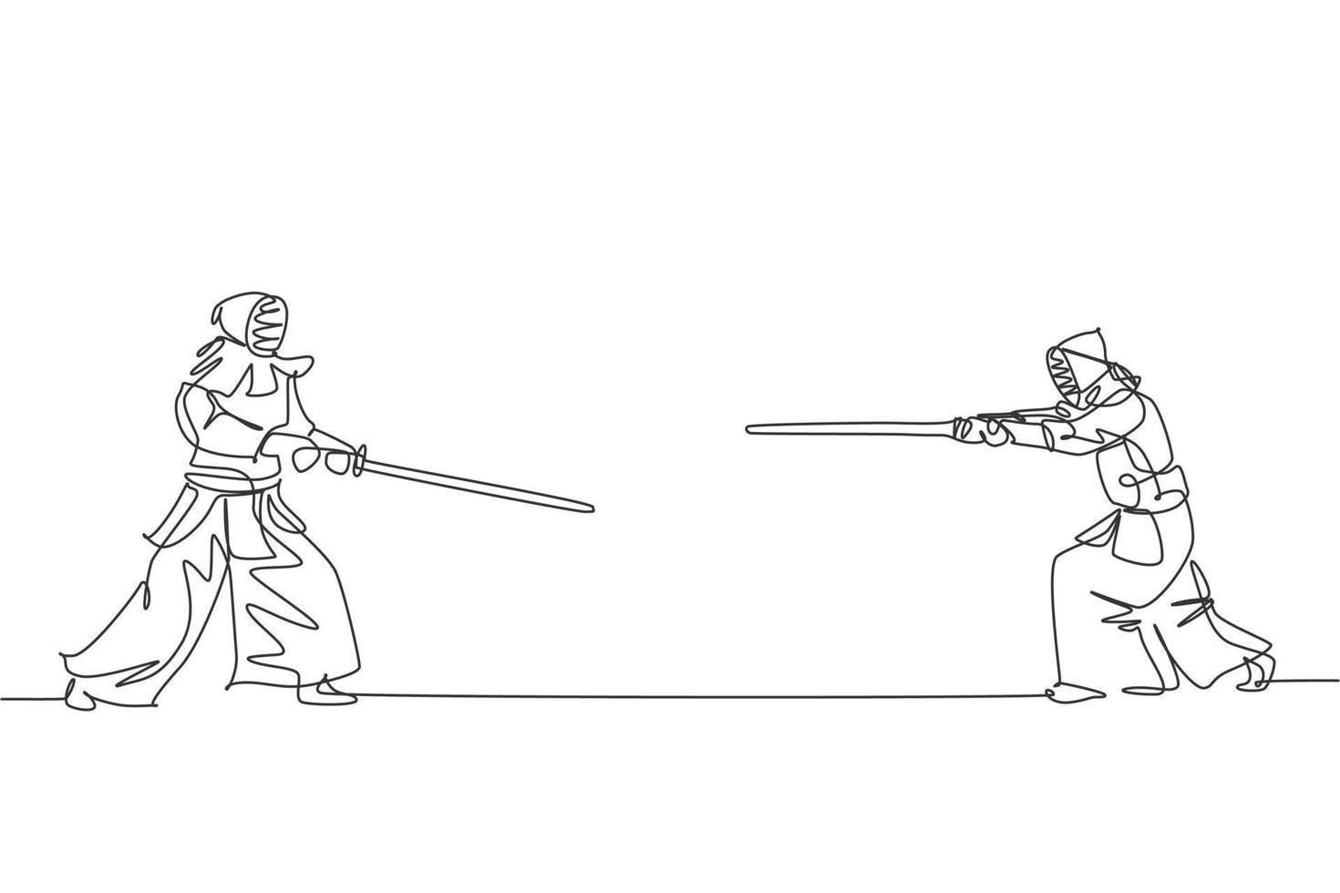 One single line drawing of two young energetic man stance before kendo fight with wooden sword at gym center vector illustration. Combative fight sport concept. Modern continuous line draw design