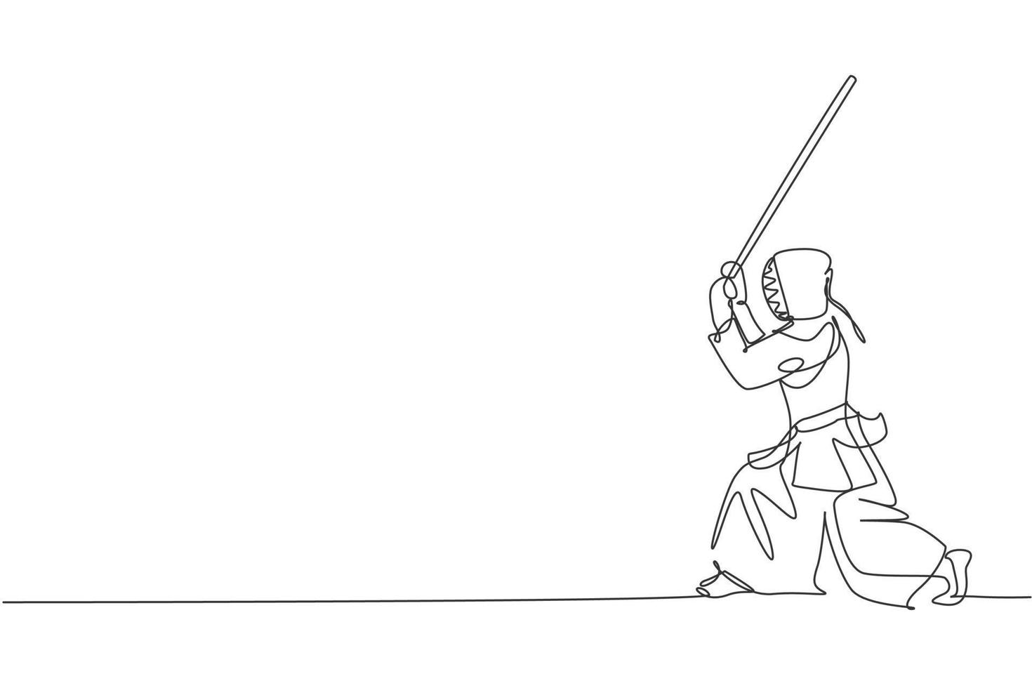 One single line drawing of young energetic man exercise kendo stance pose with wooden sword at gym center graphic vector illustration. Combative fight sport concept. Modern continuous line draw design