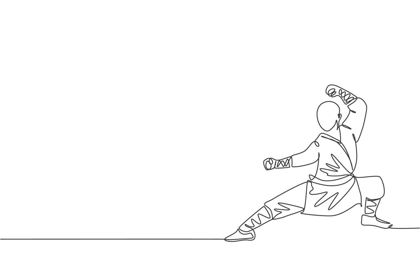Single continuous line drawing young muscular shaolin monk man train martial art at shaolin