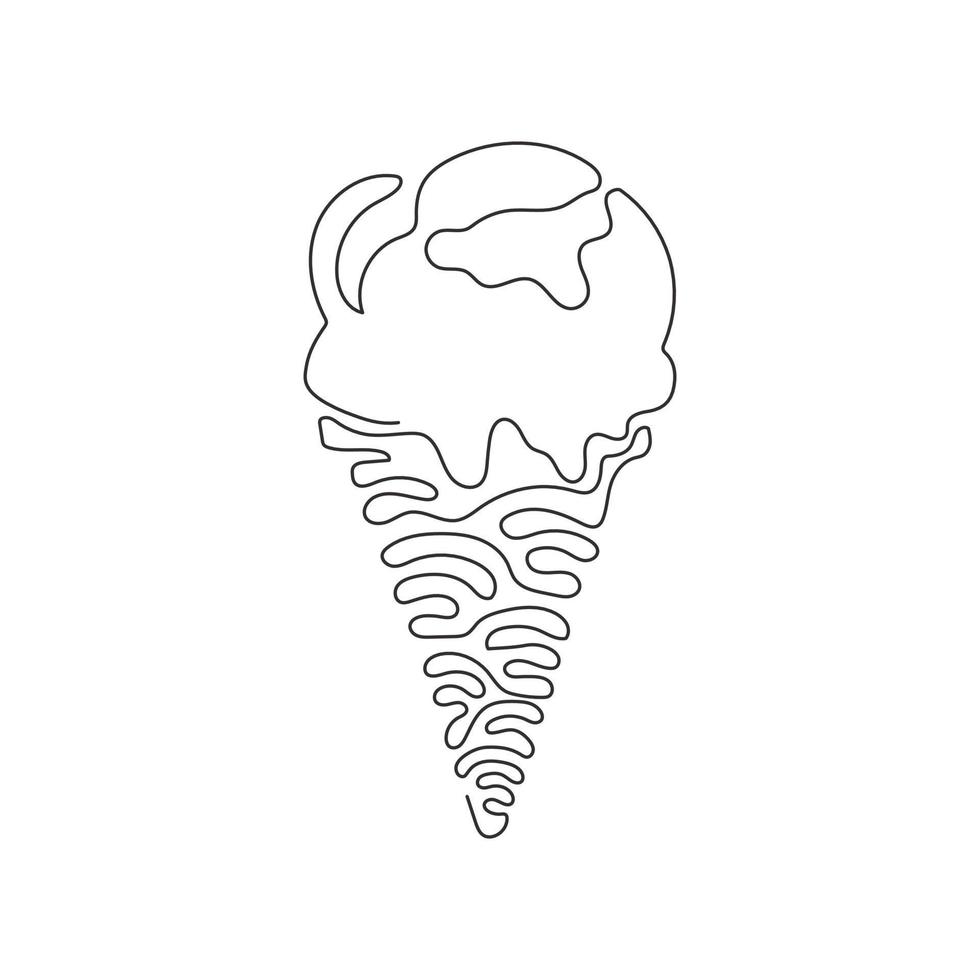 Single continuous line drawing delicious ice creams in crispy cone waffles. Tasty sweet ice-cream. Cold summer desserts. Swirl curl style. Dynamic one line draw graphic design vector illustration