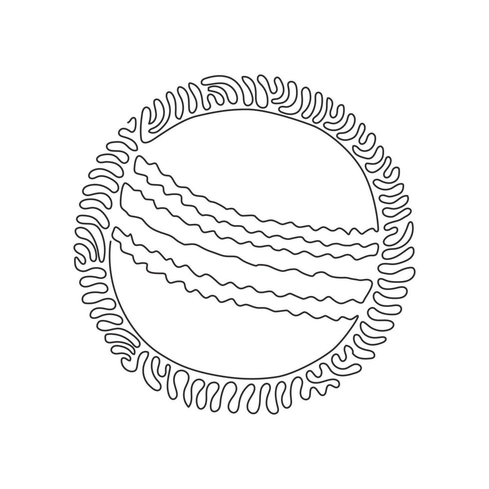 Single continuous line drawing cricket ball leather hard circle stitch close-up. Sports equipment. Summer team sports. Swirl curl circle background style. Dynamic one line draw graphic design vector