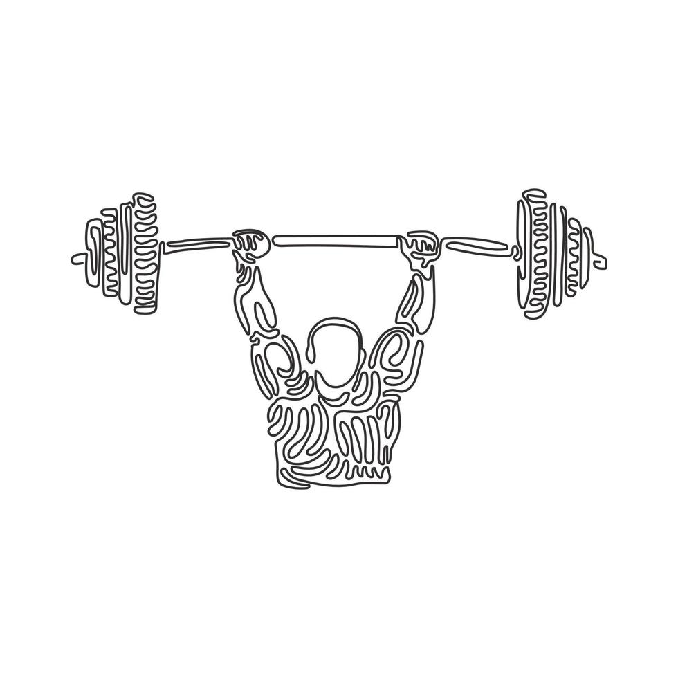 Single one line drawing Bodybuilder Fitness Model with barbell. Fitness logo badge with muscle man, Gymnastic or Body Build. Swirl curl style. Continuous line draw design graphic vector illustration