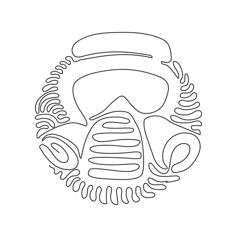 Single continuous line drawing mask with glasses and air filters. Defense and protection against poisoning by fumes and smoke. Swirl curl circle background style. Dynamic one line draw graphic design vector