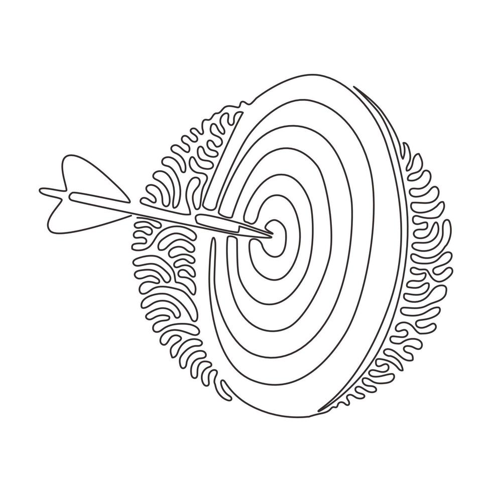 Single one line drawing darts arrows in target center business goal concept. Success hitting target aim goal achievement. Swirl curl circle background style. Modern continuous line draw design graphic vector