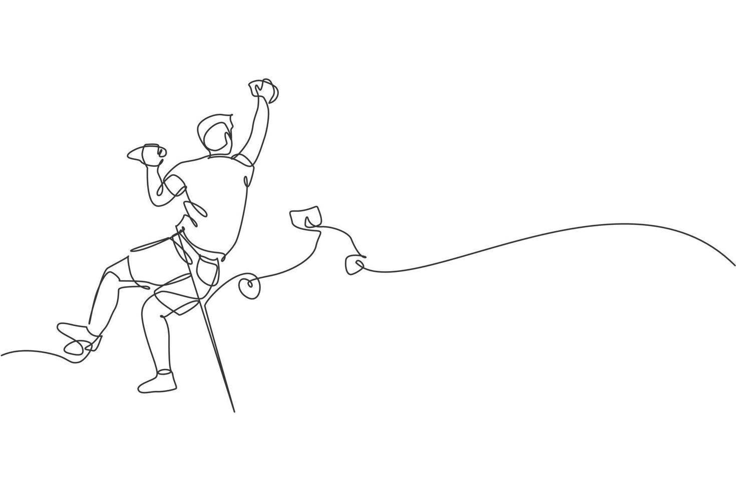 One continuous line drawing of young bravery climber man practice overhanging rock cliff mountain with safety rope. Dangerous extreme sport concept. Dynamic single line draw design vector illustration