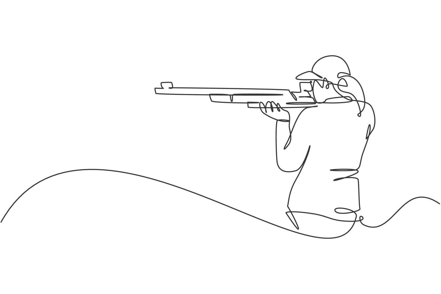 Single continuous line drawing of young athlete woman shooter holding gun and training to aim target tactical shooting. Shooting sport training concept. Trendy one line draw design vector illustration
