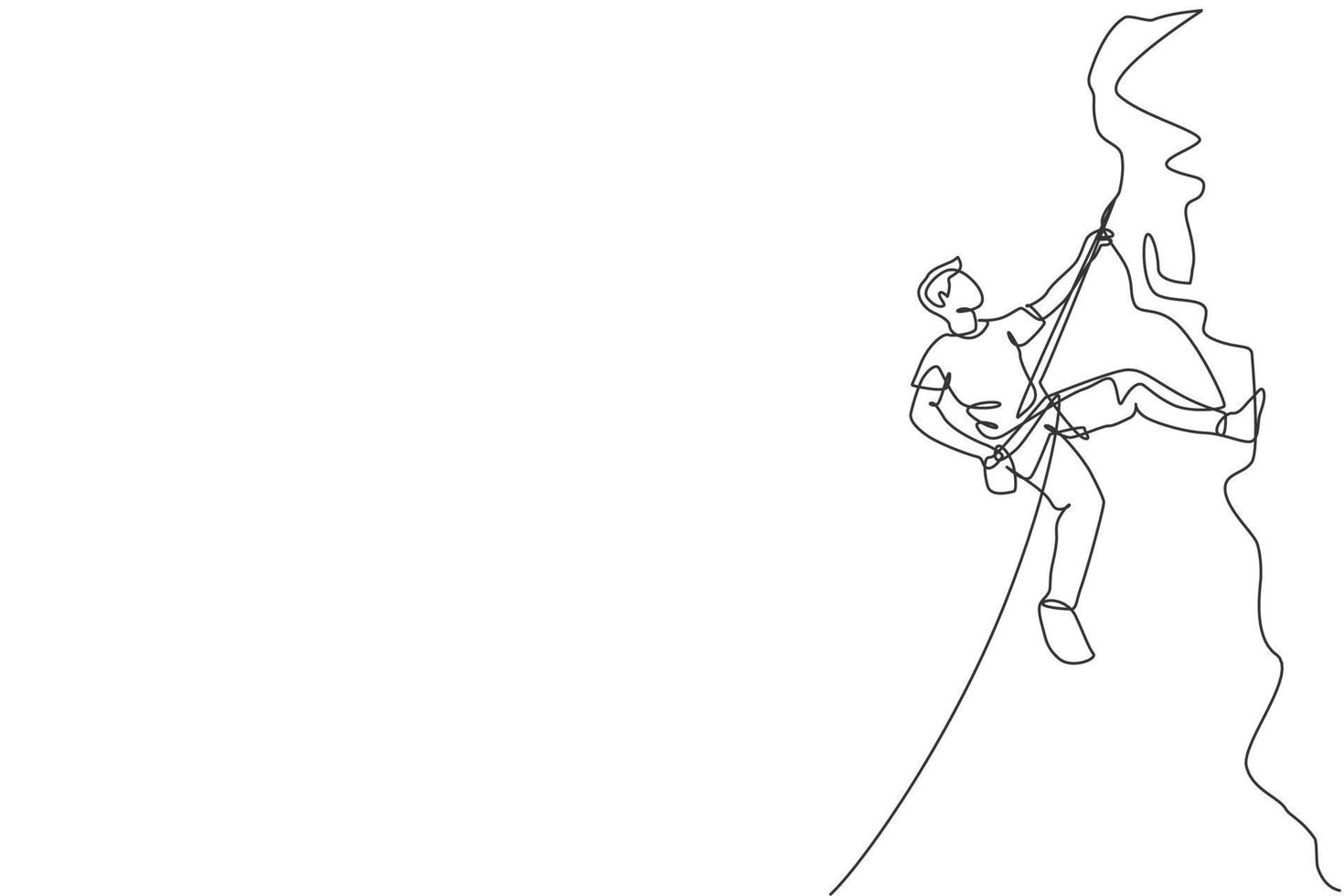 un dibujo de una sola línea de un joven activo escalando en la montaña del acantilado sosteniendo una ilustración vectorial gráfica de la cuerda de seguridad. deporte extremo al aire libre y concepto de boulder. diseño moderno de dibujo de línea continua vector