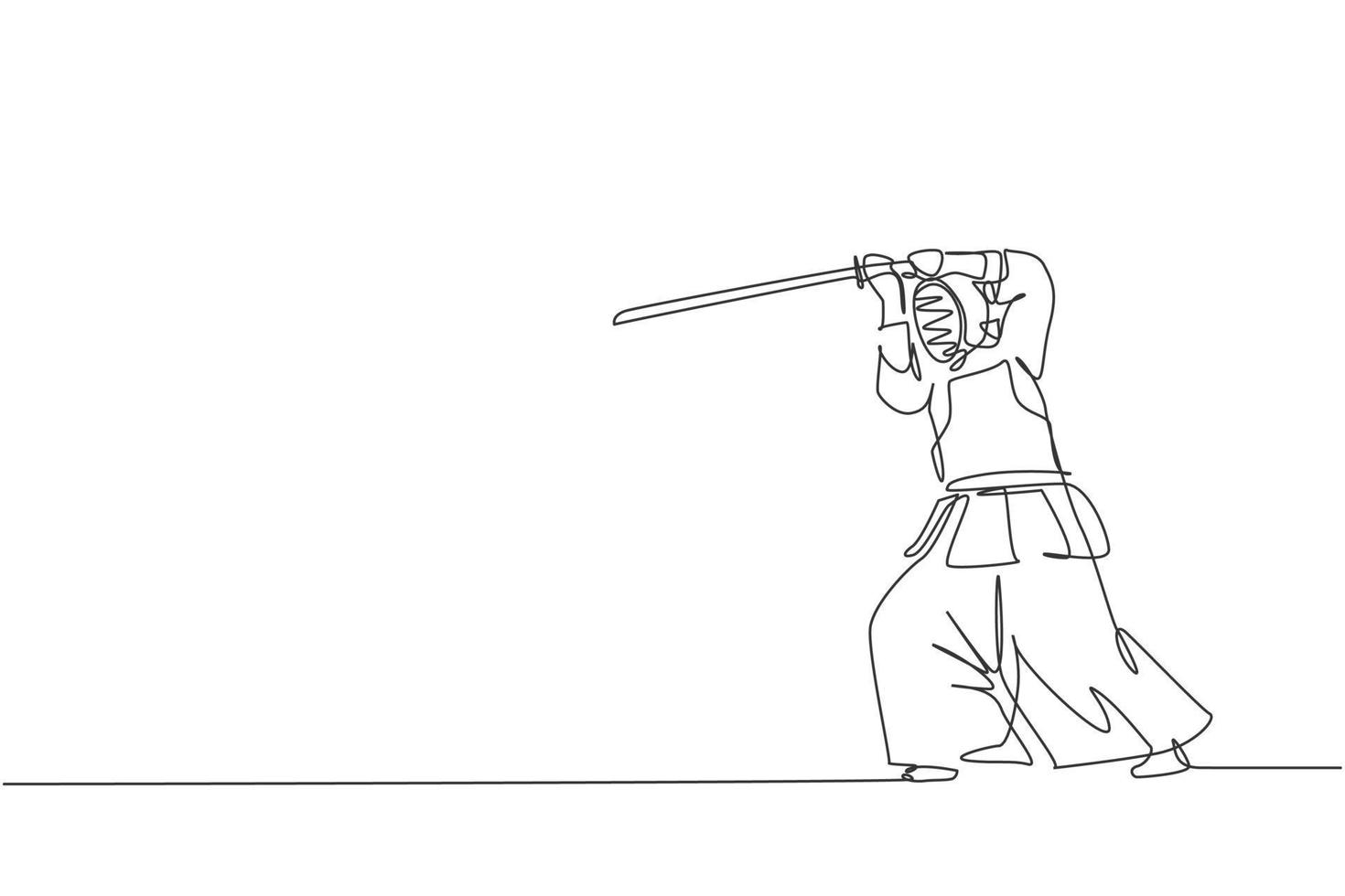 un dibujo de línea continua de un joven deportista entrenando habilidades de lucha de defensa de kendo en el centro de dojo. concepto de deporte de arte marcial saludable. Gráfico dinámico de ilustración vectorial de diseño de dibujo de una sola línea vector