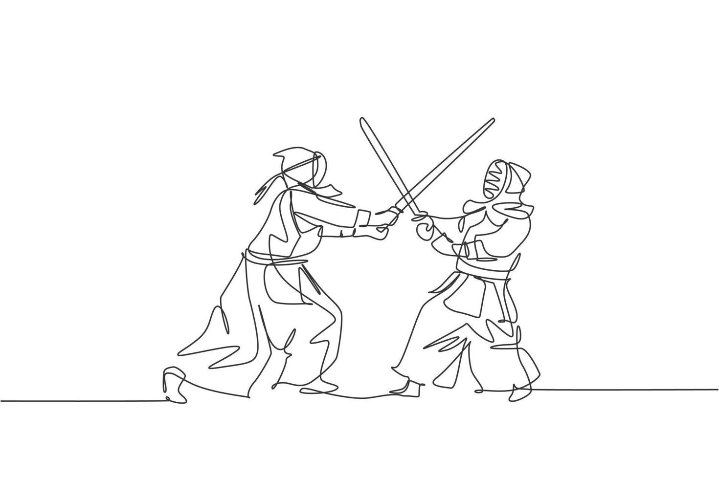 dibujo de una sola línea continua de dos jóvenes deportistas que practican defensa y ataque para la habilidad de arte marcial kendo en el centro deportivo del gimnasio. concepto de deporte de lucha. ilustración de vector de diseño de dibujo de una línea