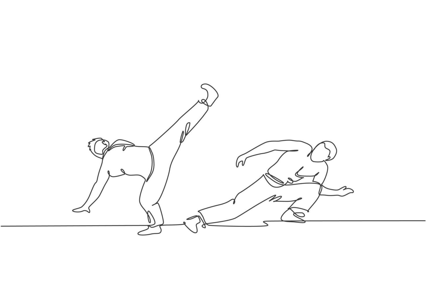 un dibujo de línea continua de dos jóvenes luchadores deportivos brasileños entrenando capoeira en la playa. concepto de deporte de lucha tradicional saludable. Ilustración de vector de diseño de dibujo de línea única dinámica