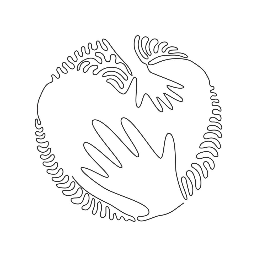 Single continuous line drawing hand touching heart, shape template. Hand touch heart for protect nature symbol. Swirl curl circle background style. Dynamic one line graphic design vector illustration