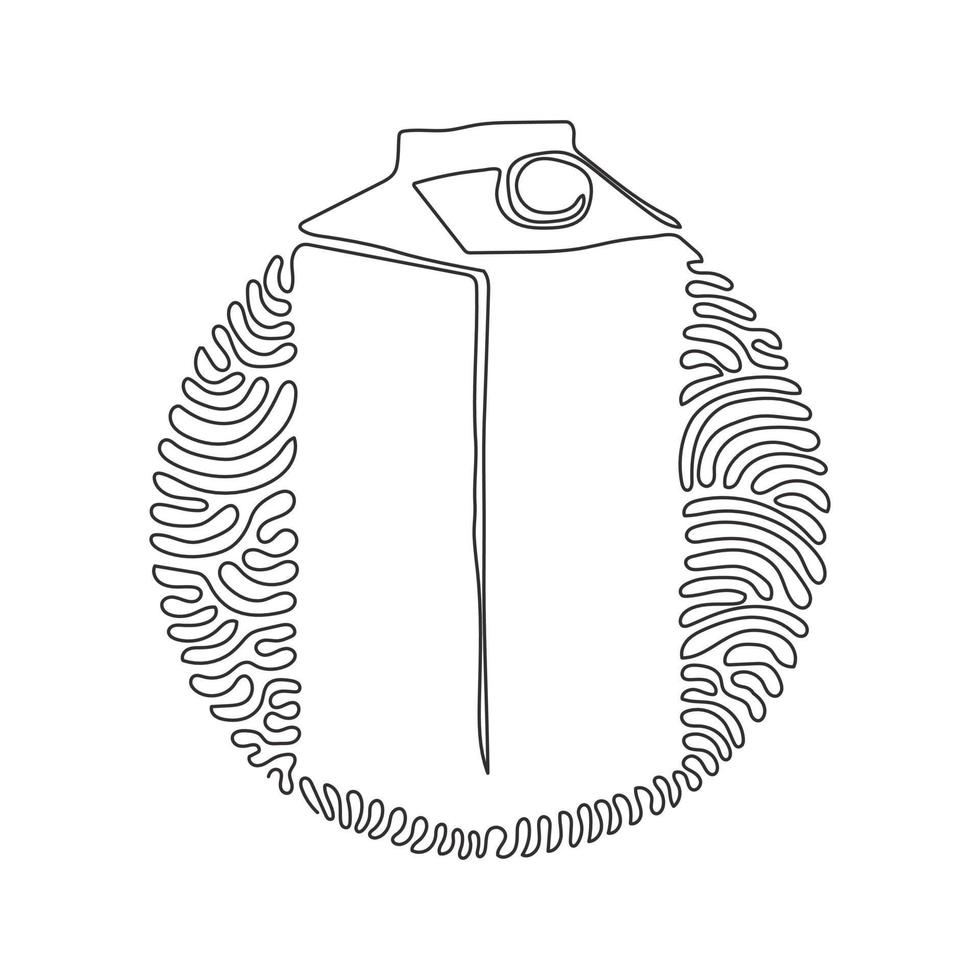 Single one line drawing box of fresh milk cow. Dairy product used in breakfast. Natural milk package. Swirl curl circle background style. Modern continuous line draw design graphic vector illustration