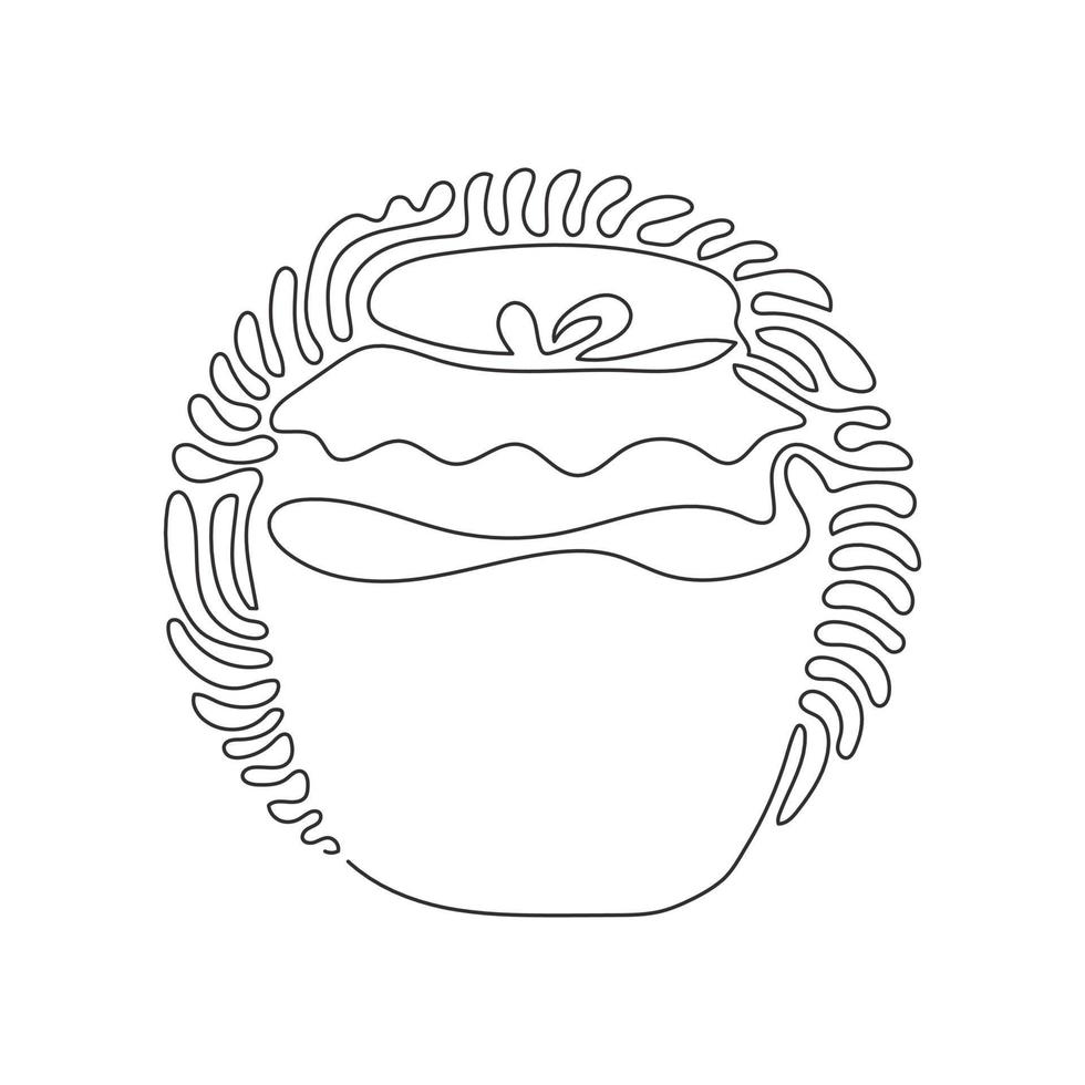 Single one line drawing honey jar. Apiary vector symbol. Honey natural healthy food production. Swirl curl circle background style. Modern continuous line draw design graphic vector illustration