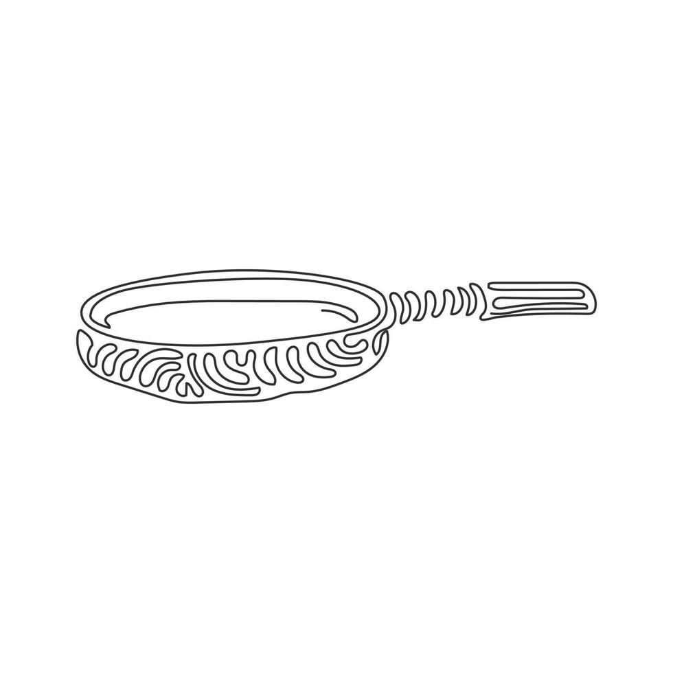 Continuous one line drawing frying pan vector. Kitchen items for cooking. Pan, saucepan, frying pan. Kitchenware at home. Swirl curl style. Single line draw design vector graphic illustration