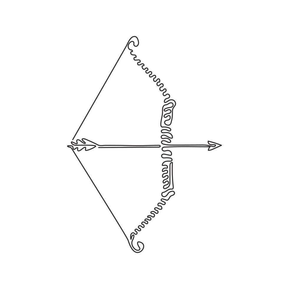 Single one line drawing Arrow and bow Indian archery weapon. Native longbow warrior or hunting equipment. Tribal wooden armor. Swirl curl style. Continuous line draw design graphic vector illustration
