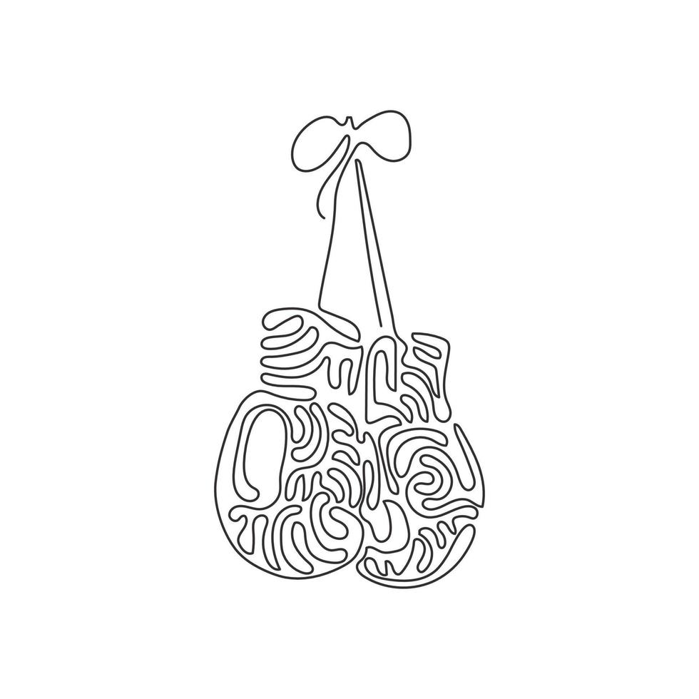 Single continuous line drawing boxing glove hanging on lace. Boxer sportswear for punch workout. Symbol of fight, combat. Swirl curl style. Dynamic one line draw graphic design vector illustration