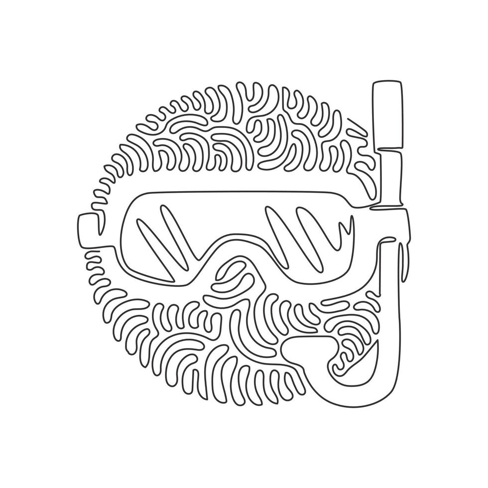 Continuous one line drawing scuba diving mask with snorkel. Diving mask. Mask and snorkel for swimming. Scuba diving concept. Swirl curl circle background style. Single line draw design vector graphic