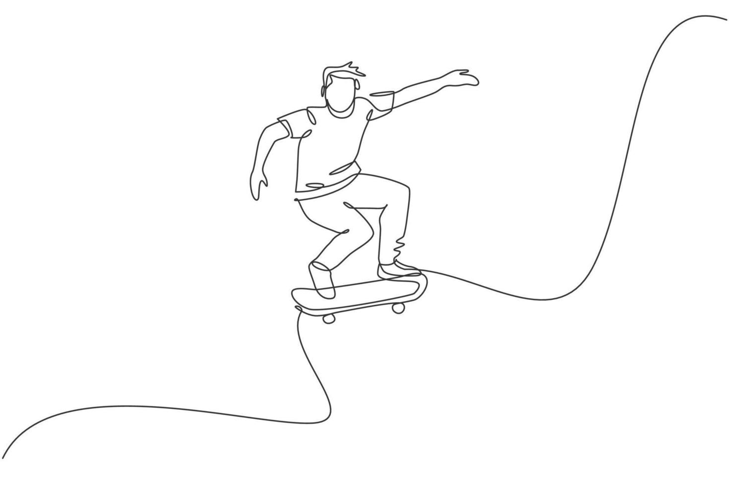Single continuous line drawing of young cool skateboarder man riding skate and performing jump trick in skate park. Practicing outdoor sport concept. Trendy one line draw design vector illustration