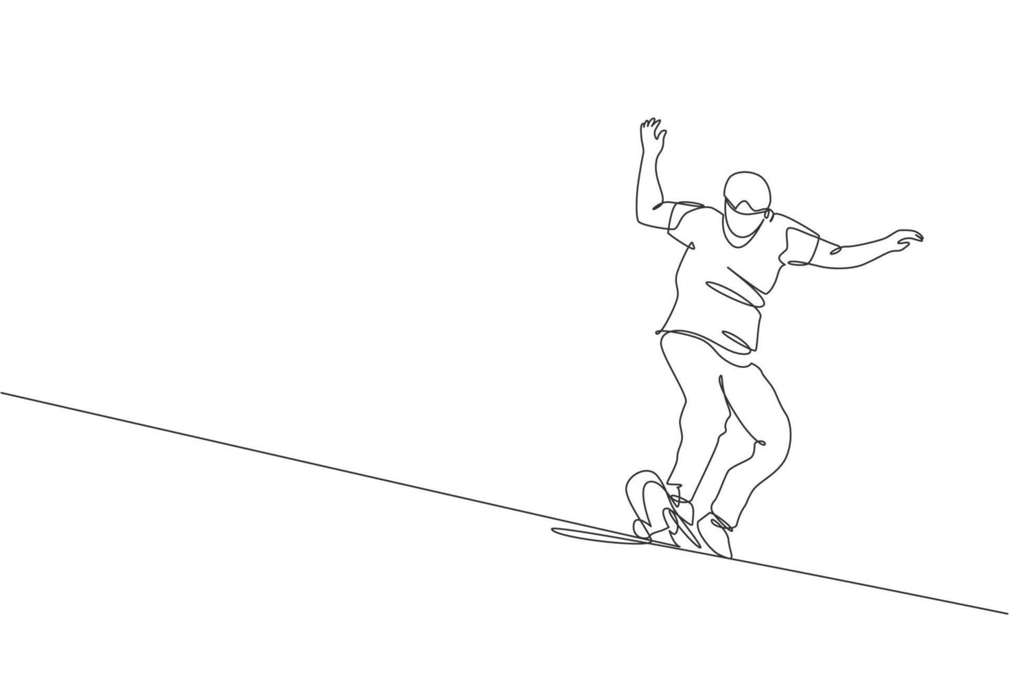 Single continuous line drawing of young cool skateboarder man riding skate and performing slide trick in skate park. Practicing outdoor sport concept. Trendy one line draw design vector illustration