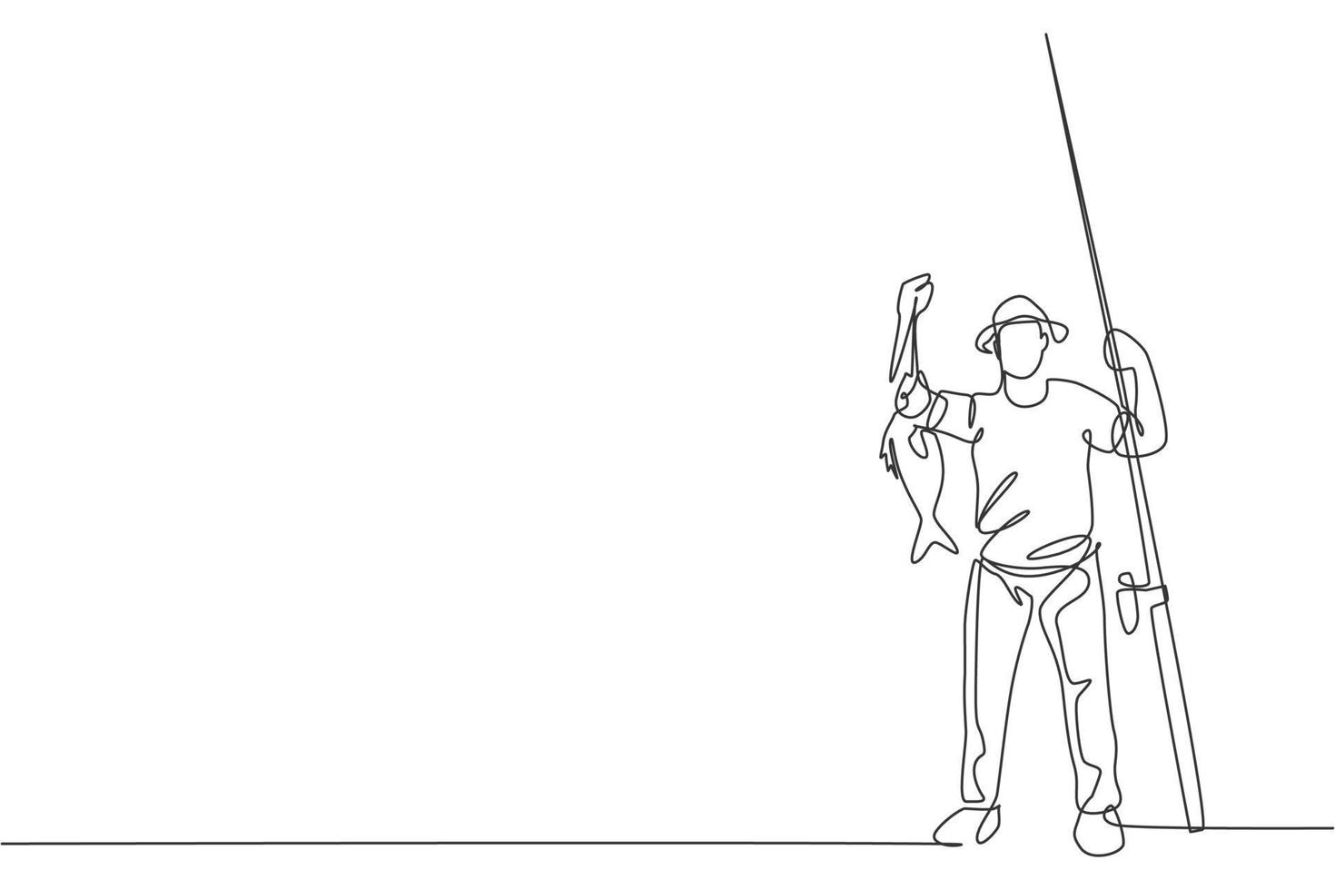 Single continuous line drawing of young happy fisher man showed