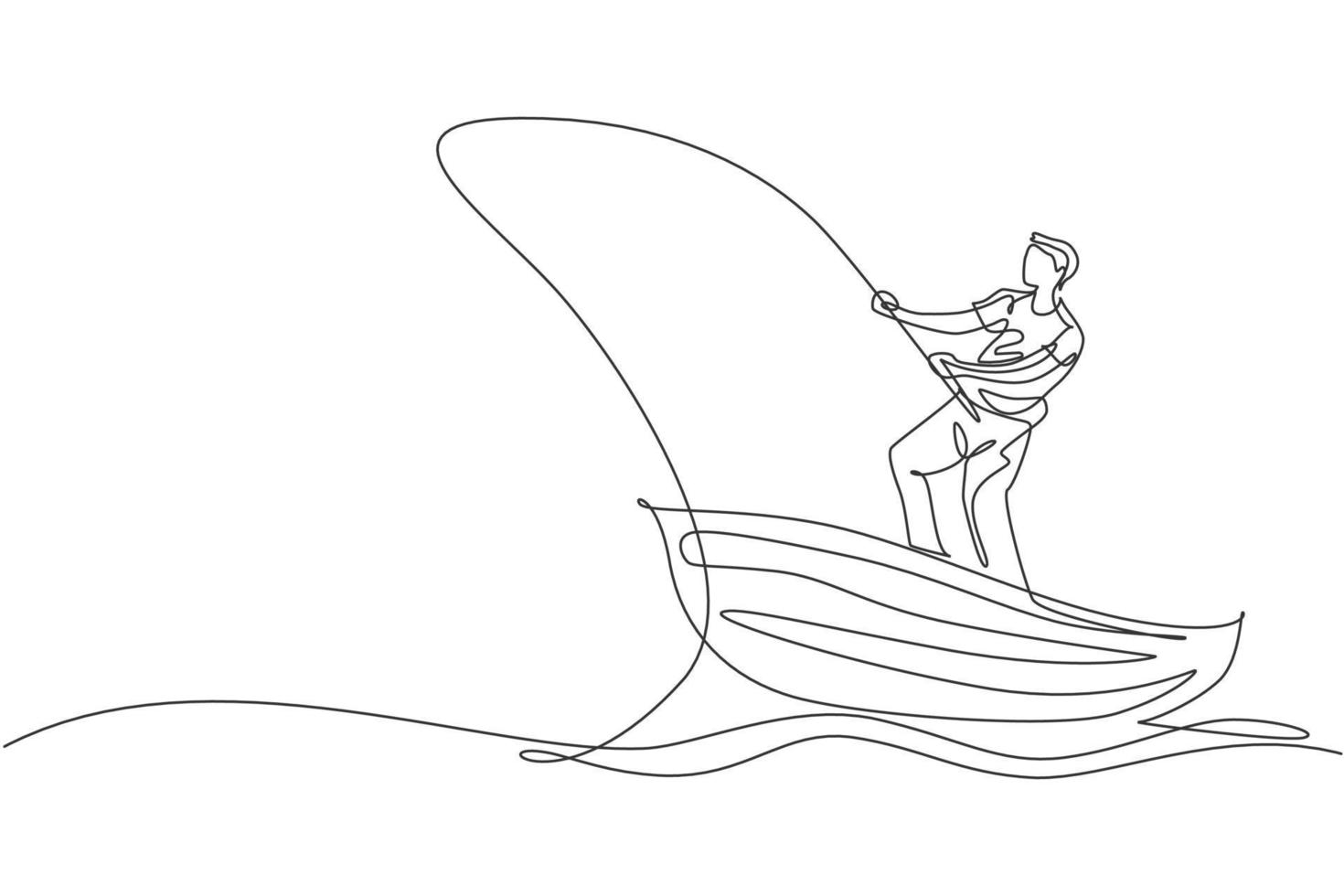 One continuous line drawing of young fisherman happy standing and