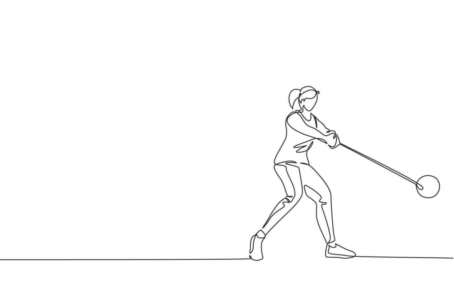 un dibujo de una sola línea de una mujer joven y enérgica que se ejercita para concentrarse mientras se balancea un gráfico de ilustración vectorial de lanzamiento de martillo. concepto de deporte atlético de estilo de vida saludable. diseño moderno de dibujo de línea continua vector